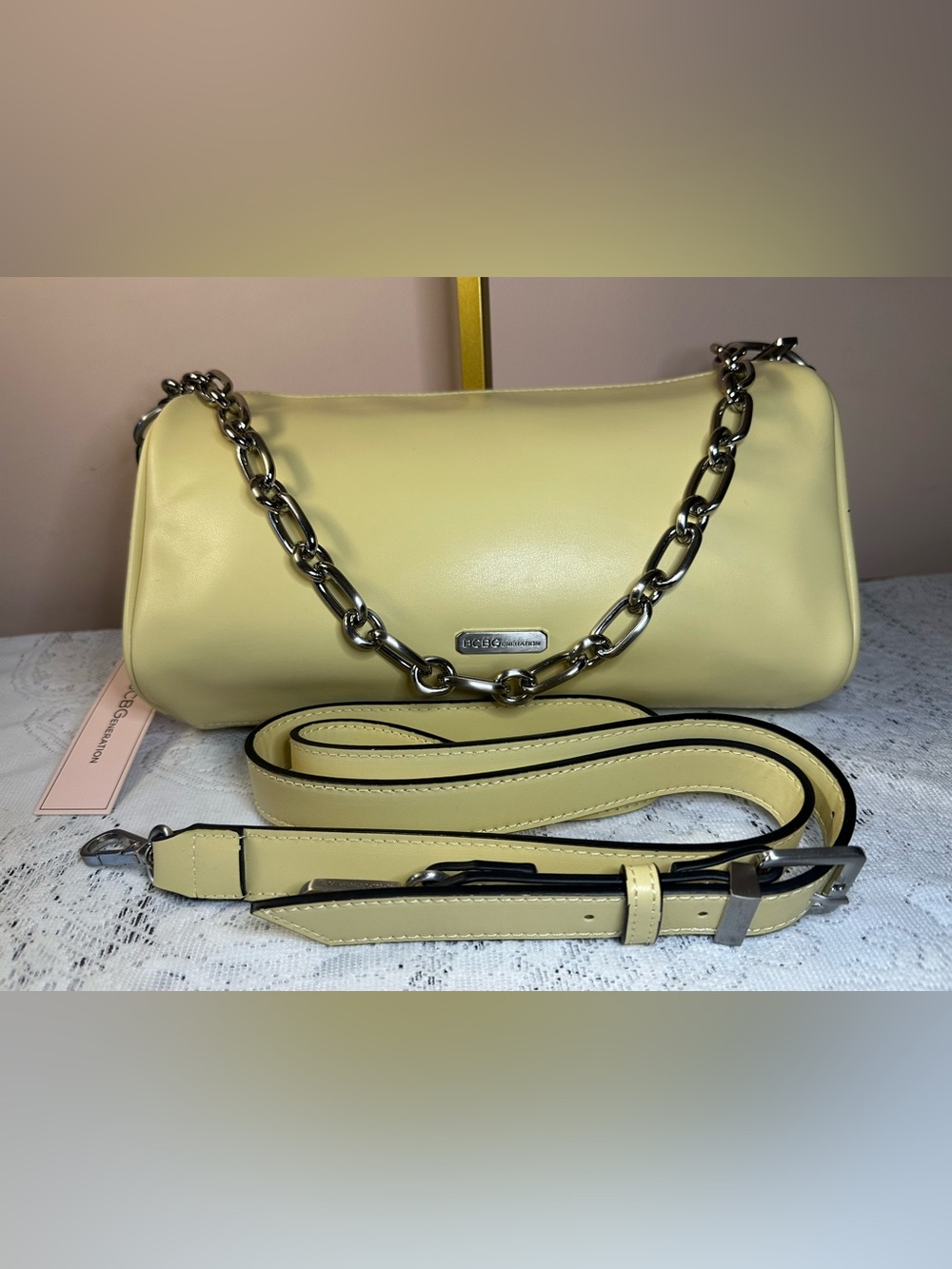 BCBGeneration Barrel/Baguette Butter Color Faux Leather Shoulder/Crossbody Bag.